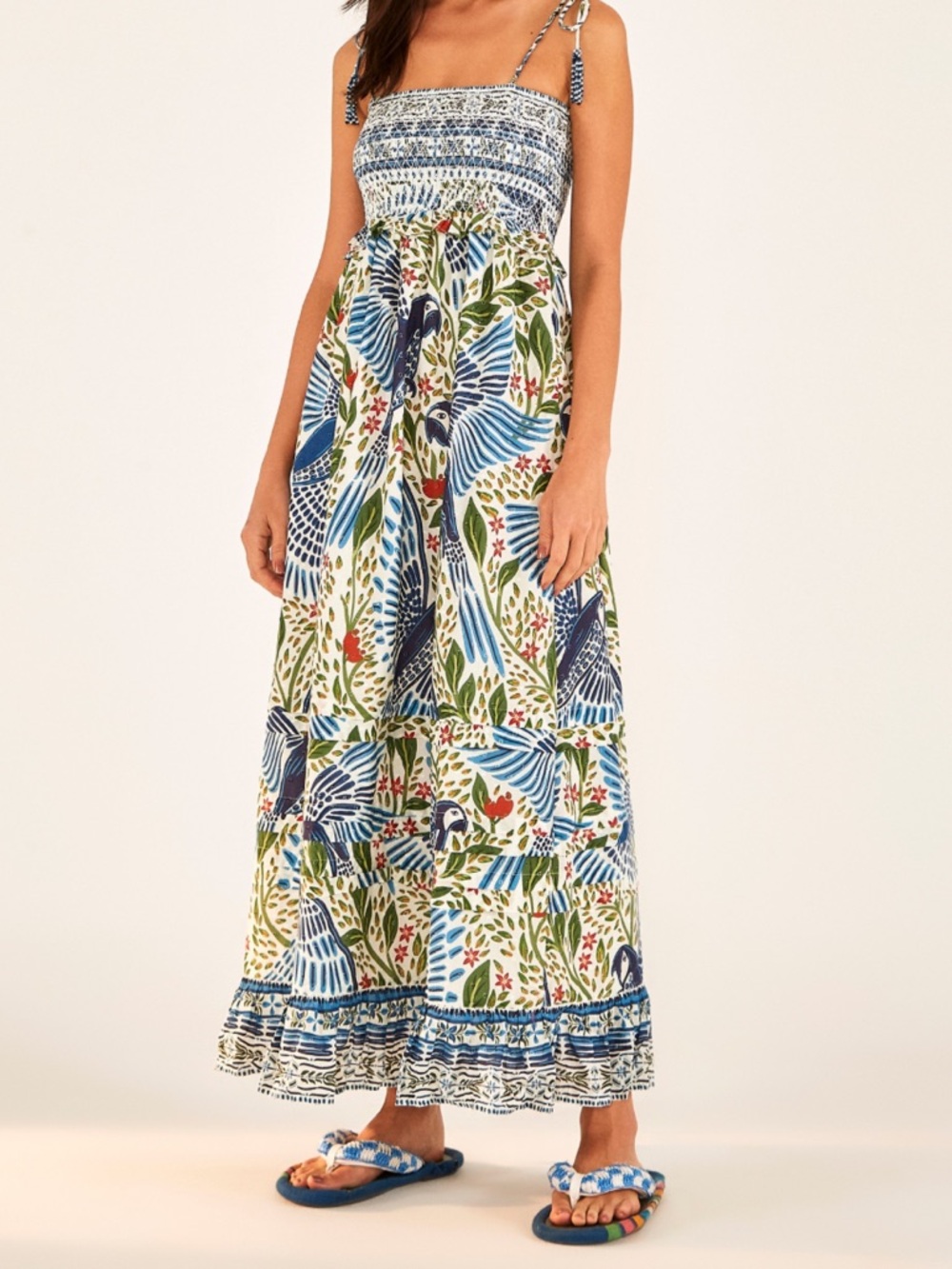 FARM RIO Macaw Flight Smocked Maxi Dress